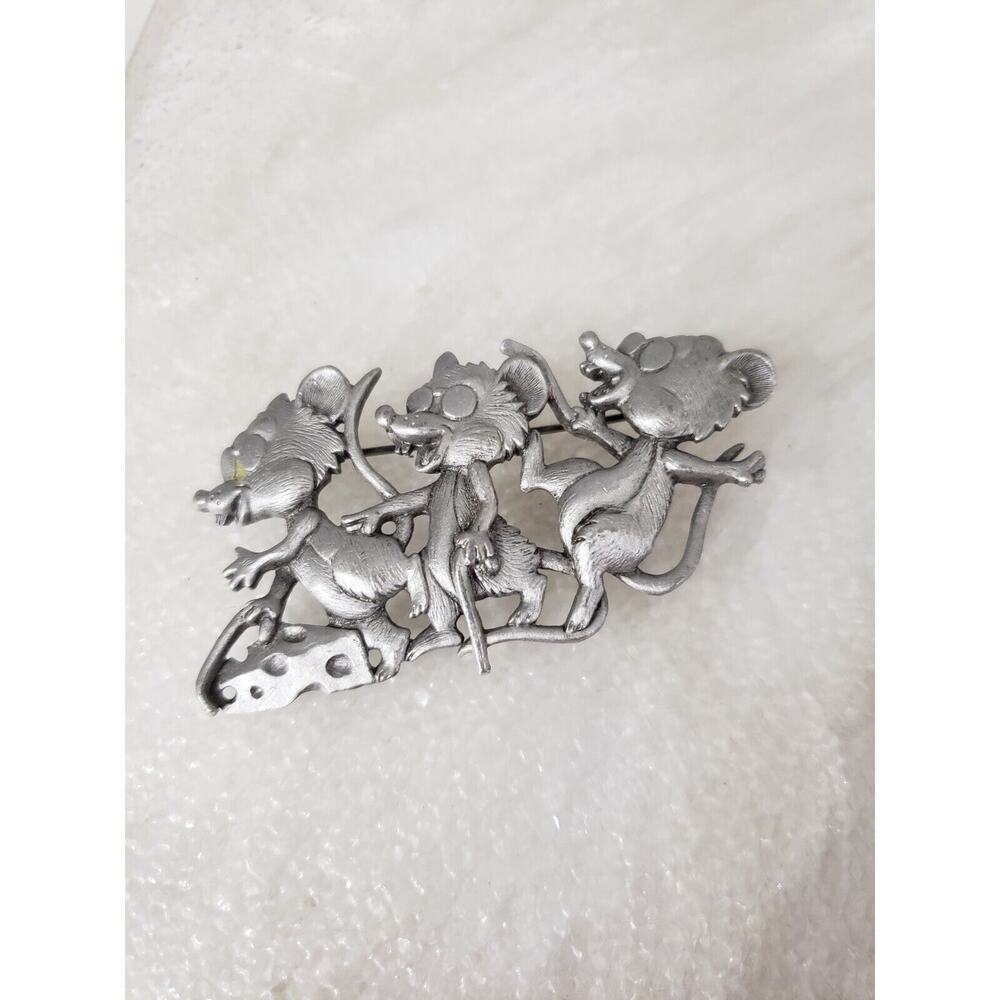 JJ Jonette Vintage Retro‎ Pin Brooch Silver Tone THREE BLIND MICE mouse nursery